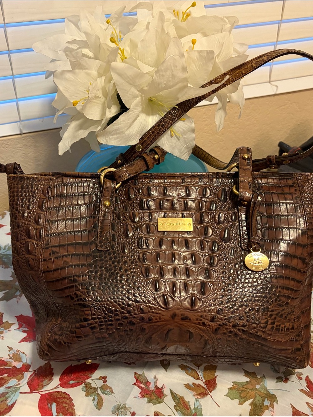 Brahmin Dark Brown Croc-Embossed Shoulder Tote